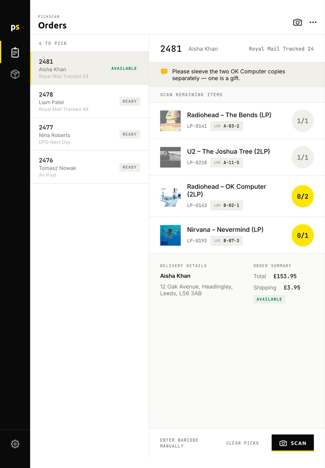 Pickscan on iPad — the order queue and detail side by side