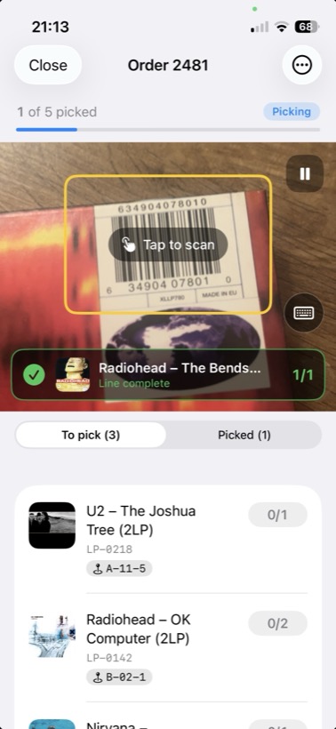 Pickscan on iPhone — scanning a barcode to verify an order line